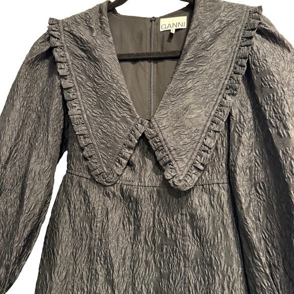 GANNI Jacquard Organza Black Mini Babydoll Dress SZ 34(2) Fairy Grunge Ethereal - Picture 3 of 10